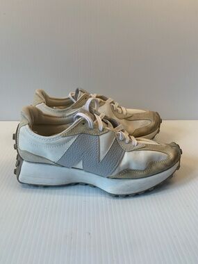New Balance White and Beige Women's Sneakers with Gray 'N' Logo